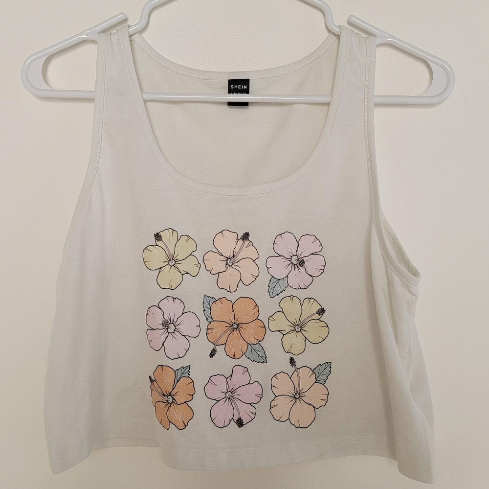 Shein Floral Graphic White Crop Top Tank Medium